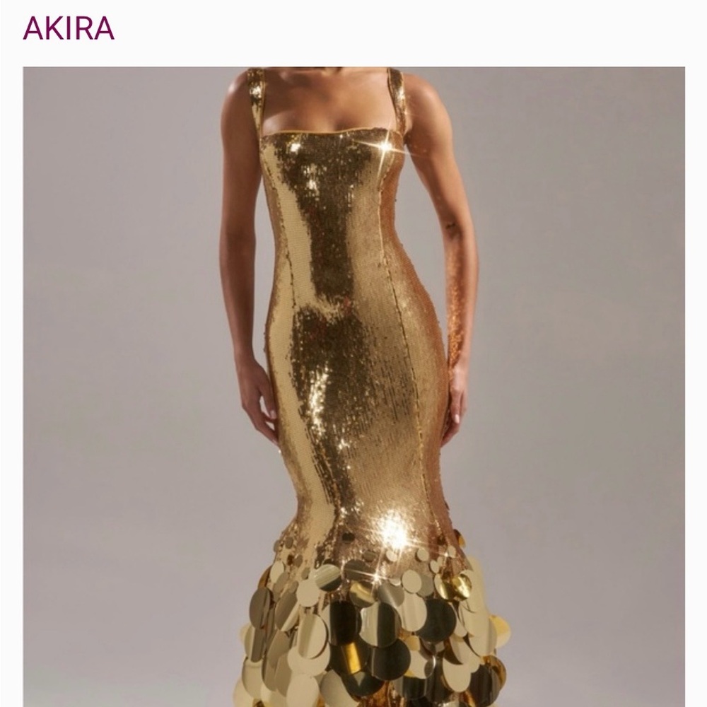 AKIRA Gold Sequin Gown with Disc Details